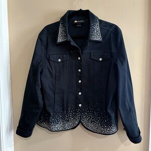Christine Alexander Black Denim Jacket Silver & Rhinestone Embellishments Large